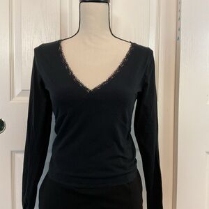 Elegant Black Lace Trim V-Neck Top